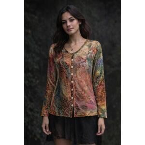 Vntg Y2K Velvet Burnout Fairygrunge Whimsigoth Button Front Sheer Cardigan XL